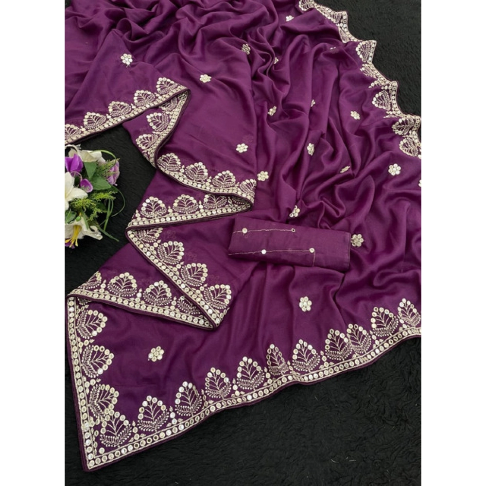 Women's Georgette Embellished Saree With Unstitched Blouse 5.5Mtr (Purple) - Image 3