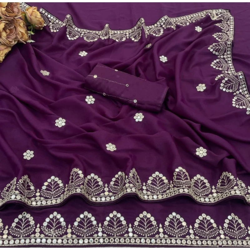Women's Georgette Embellished Saree With Unstitched Blouse 5.5Mtr (Purple) - Image 4