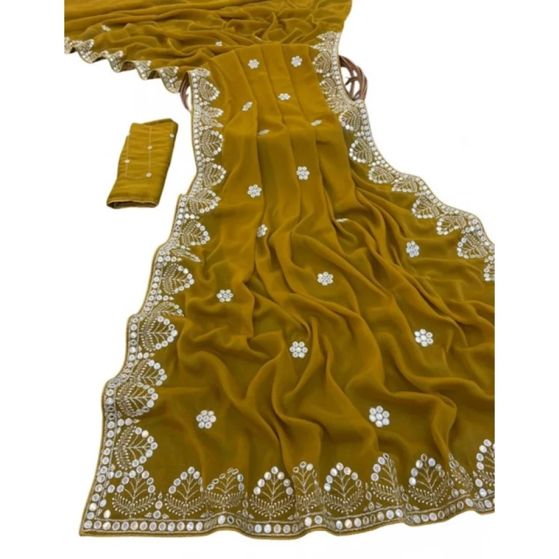 Women's Georgette Embellished Saree With Unstitched Blouse 5.5Mtr (Mustard-Yellow) - Image 2