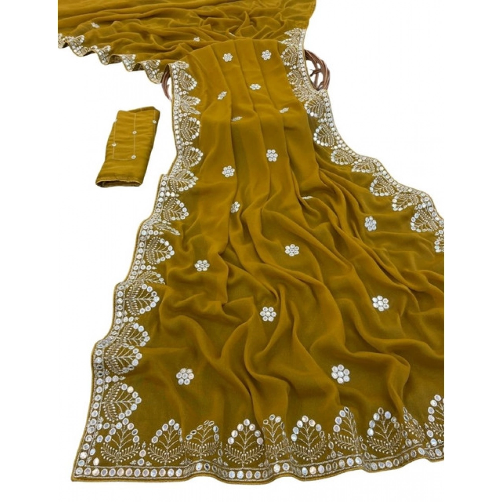 Women's Georgette Embellished Saree With Unstitched Blouse 5.5Mtr (Mustard-Yellow) - Image 2