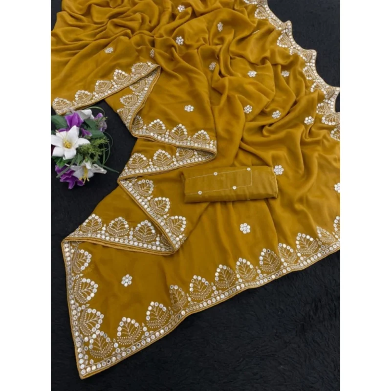 Women's Georgette Embellished Saree With Unstitched Blouse 5.5Mtr (Mustard-Yellow) - Image 3