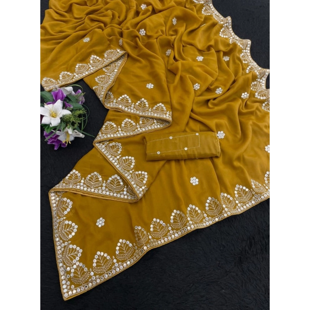 Women's Georgette Embellished Saree With Unstitched Blouse 5.5Mtr (Mustard-Yellow) - Image 3