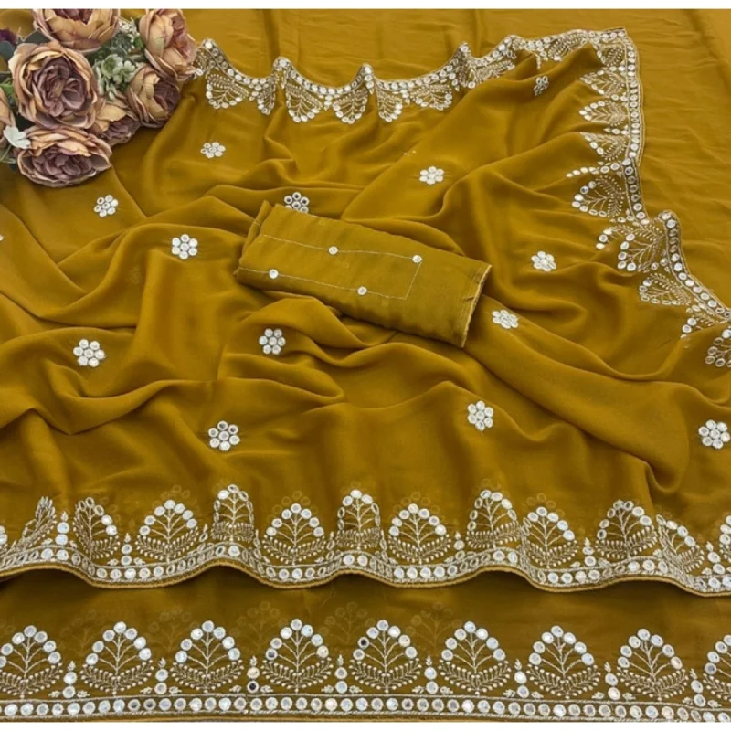 Women's Georgette Embellished Saree With Unstitched Blouse 5.5Mtr (Mustard-Yellow) - Image 4