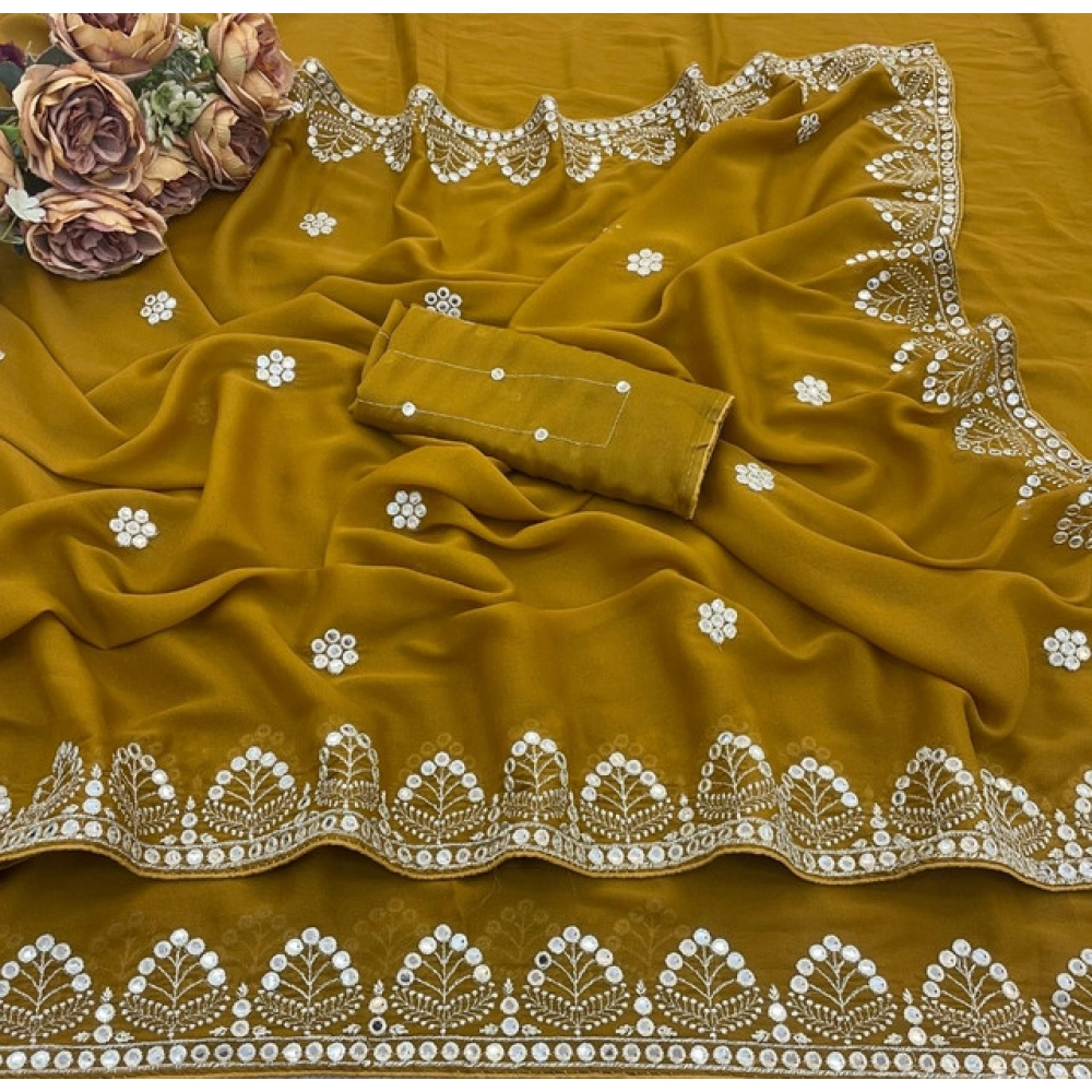 Women's Georgette Embellished Saree With Unstitched Blouse 5.5Mtr (Mustard-Yellow) - Image 4