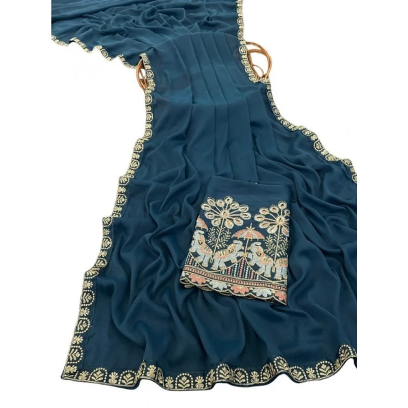 Women's Art Silk Embroidered Saree With Unstitched Blouse 5.5Mtr (Blue) - Image 2