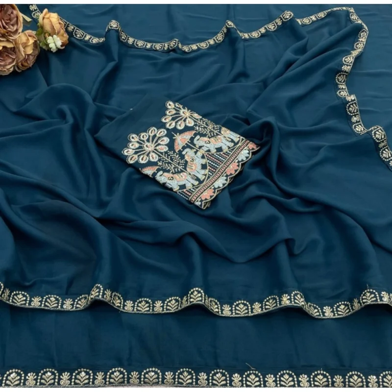 Women's Art Silk Embroidered Saree With Unstitched Blouse 5.5Mtr (Blue) - Image 3