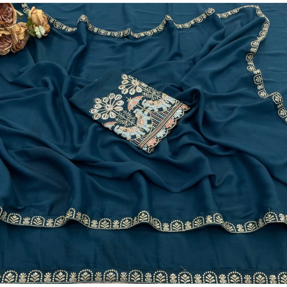 Women's Art Silk Embroidered Saree With Unstitched Blouse 5.5Mtr (Blue) - Image 3