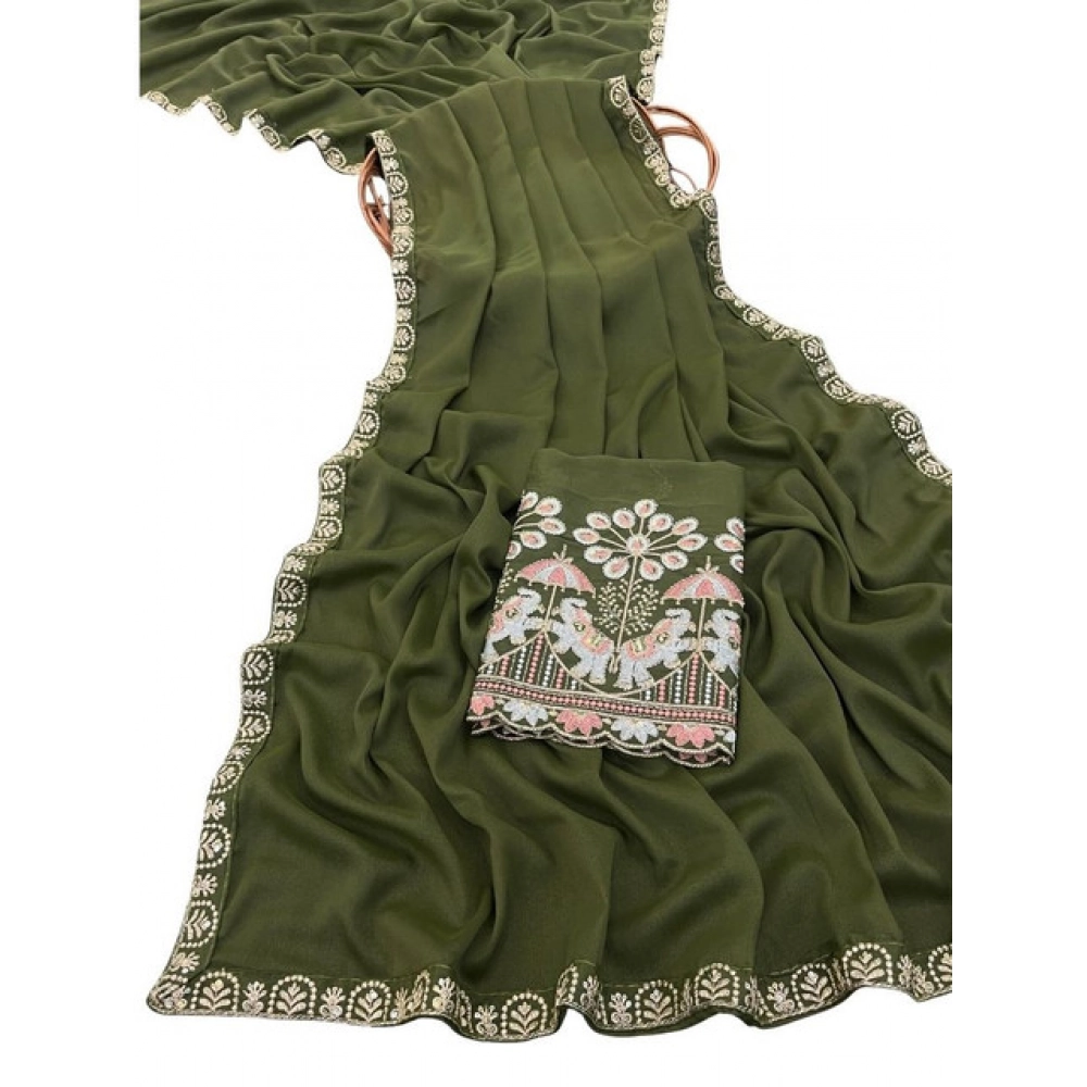 Women's Art Silk Embroidered Saree With Unstitched Blouse 5.5Mtr (Green) - Image 2