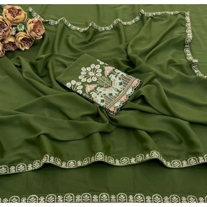 Women's Art Silk Embroidered Saree With Unstitched Blouse 5.5Mtr (Green) - Image 3