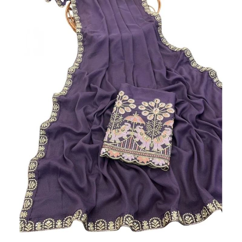 Women's Art Silk Embroidered Saree With Unstitched Blouse 5.5Mtr (Lavender) - Image 2