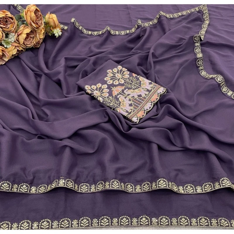 Women's Art Silk Embroidered Saree With Unstitched Blouse 5.5Mtr (Lavender) - Image 3