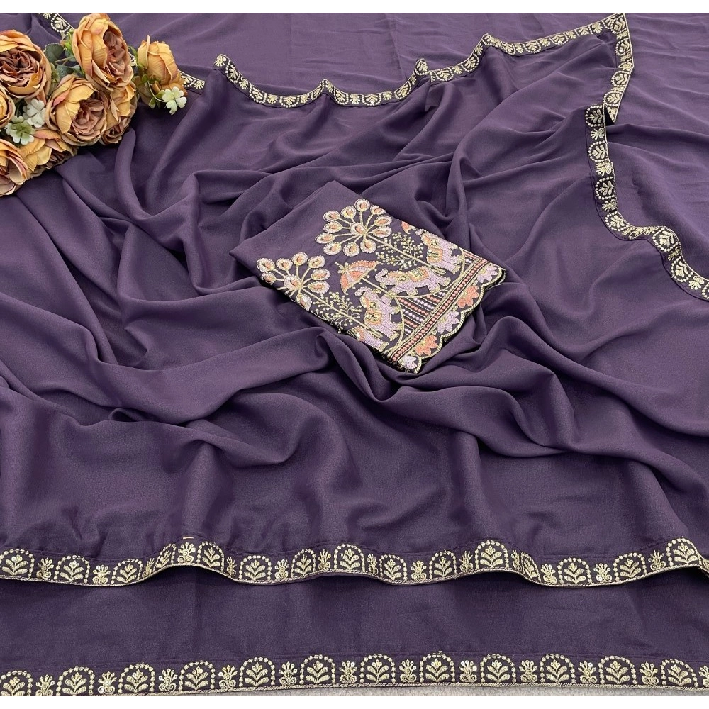 Women's Art Silk Embroidered Saree With Unstitched Blouse 5.5Mtr (Lavender) - Image 3