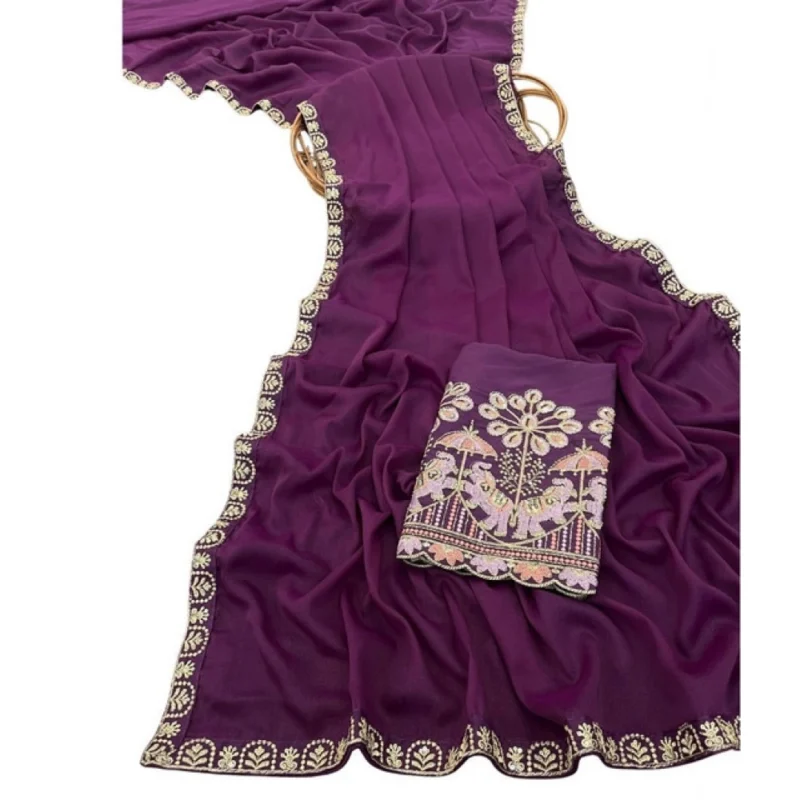 Women's Art Silk Embroidered Saree With Unstitched Blouse 5.5Mtr (Purple) - Image 2