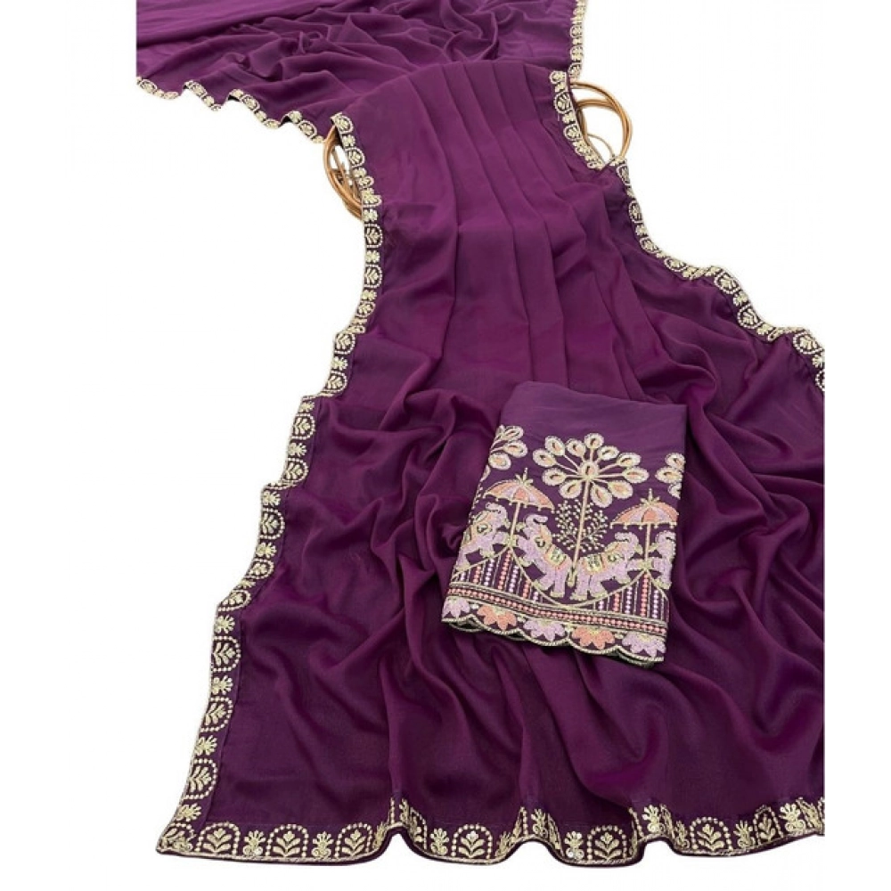 Women's Art Silk Embroidered Saree With Unstitched Blouse 5.5Mtr (Purple) - Image 2