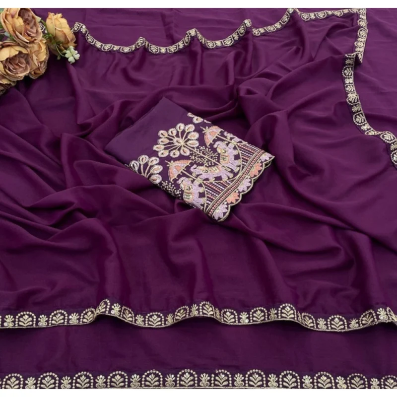 Women's Art Silk Embroidered Saree With Unstitched Blouse 5.5Mtr (Purple) - Image 3