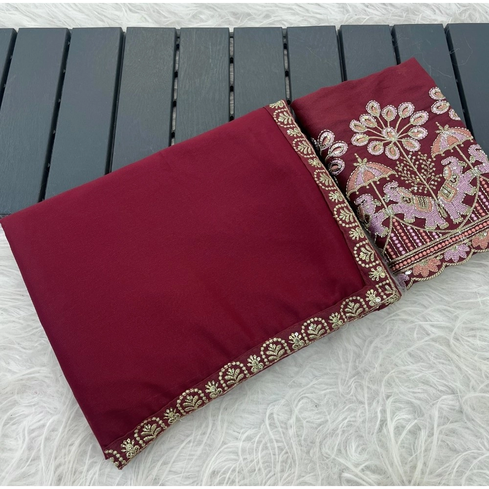 Women's Art Silk Embroidered Saree With Unstitched Blouse 5.5Mtr (Maroon)