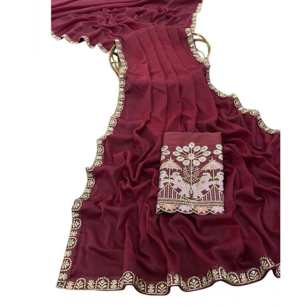 Women's Art Silk Embroidered Saree With Unstitched Blouse 5.5Mtr (Maroon) - Image 2