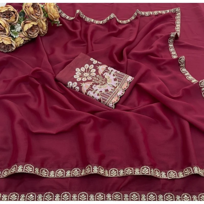 Women's Art Silk Embroidered Saree With Unstitched Blouse 5.5Mtr (Maroon) - Image 3