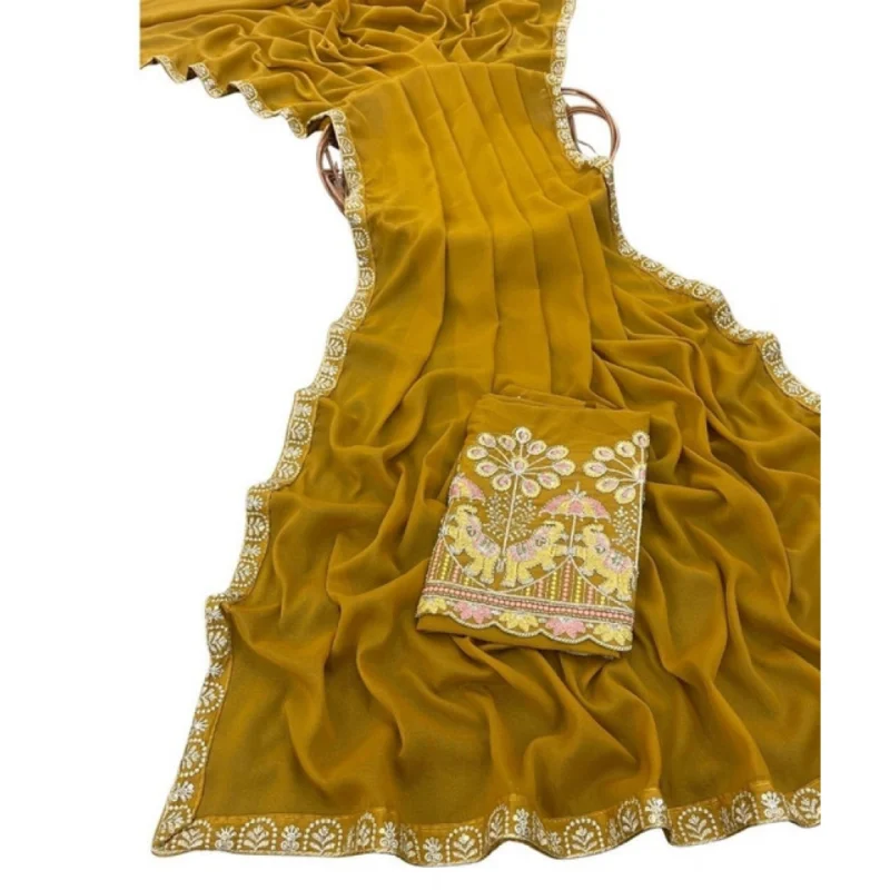Women's Art Silk Embroidered Saree With Unstitched Blouse 5.5Mtr (Yellow) - Image 2
