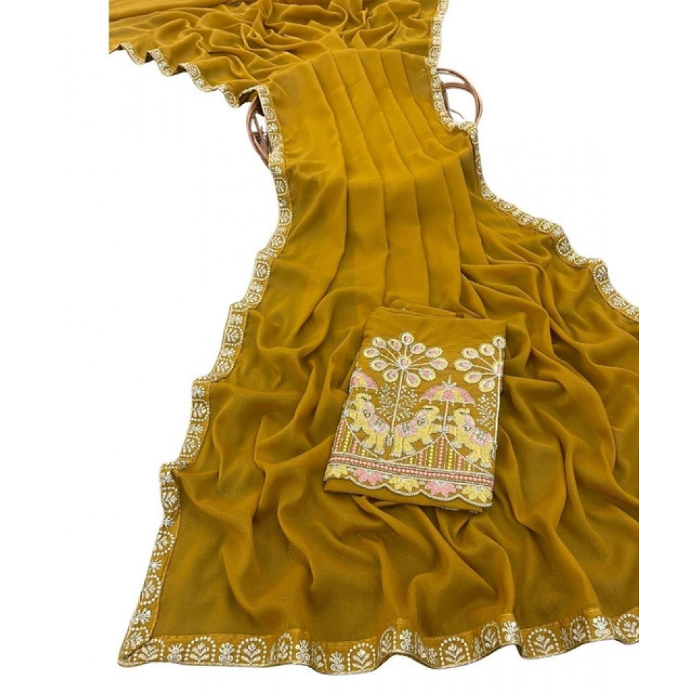 Women's Art Silk Embroidered Saree With Unstitched Blouse 5.5Mtr (Yellow) - Image 2
