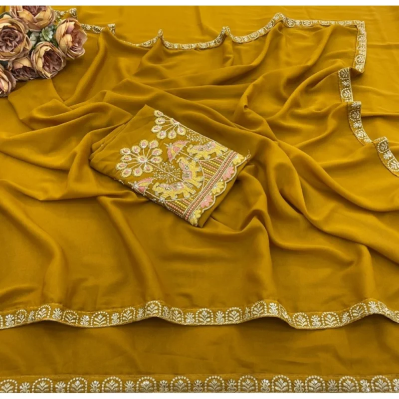 Women's Art Silk Embroidered Saree With Unstitched Blouse 5.5Mtr (Yellow) - Image 3