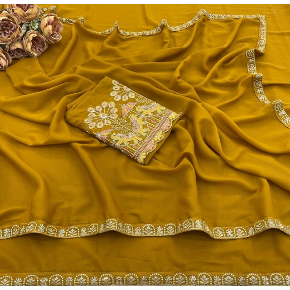 Women's Art Silk Embroidered Saree With Unstitched Blouse 5.5Mtr (Yellow) - Image 3