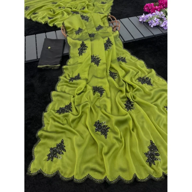 Women's Viscose Silk Embroidered Saree With Unstitched Blouse 5.5Mtr (Green)