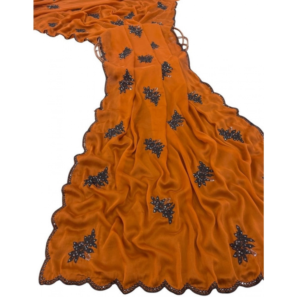 Women's Viscose Silk Embroidered Saree With Unstitched Blouse 5.5Mtr (Orange) - Image 2