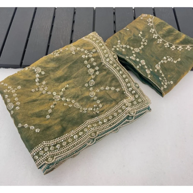 Women's Silk Embellished Saree With Unstitched Blouse 5.5Mtr (Green)