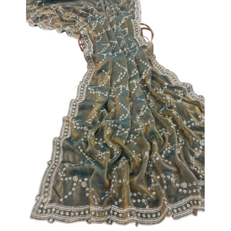 Women's Silk Embellished Saree With Unstitched Blouse 5.5Mtr (Green) - Image 2