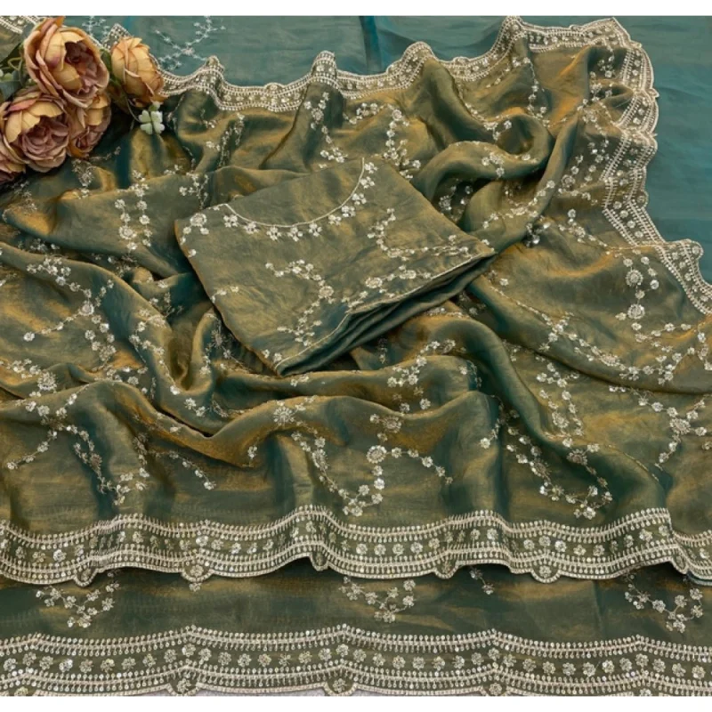 Women's Silk Embellished Saree With Unstitched Blouse 5.5Mtr (Green) - Image 3