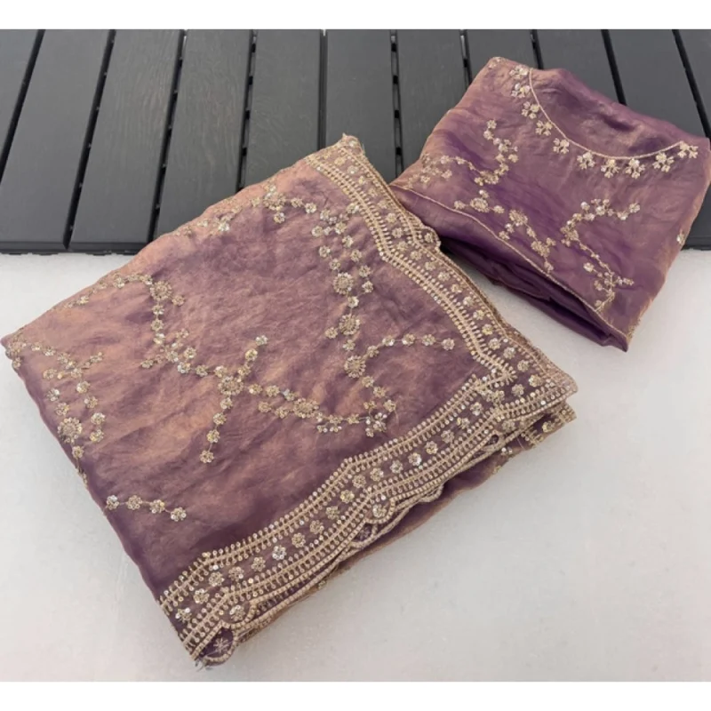 Women's Silk Embellished Saree With Unstitched Blouse 5.5Mtr (Lavender)