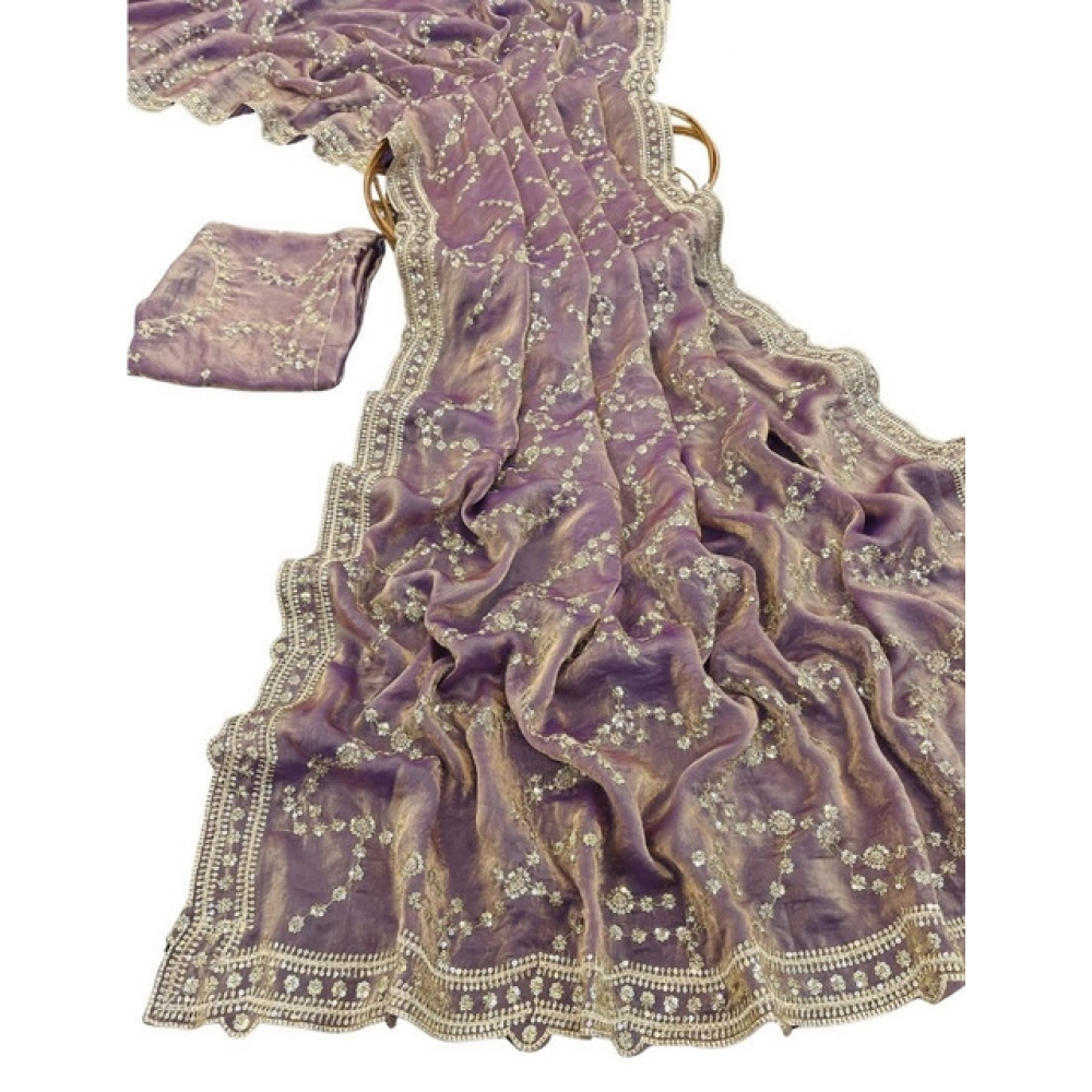 Women's Silk Embellished Saree With Unstitched Blouse 5.5Mtr (Lavender) - Image 2