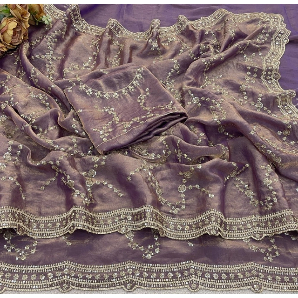 Women's Silk Embellished Saree With Unstitched Blouse 5.5Mtr (Lavender) - Image 3