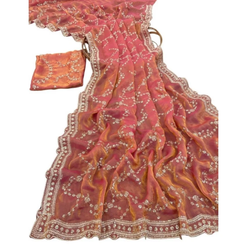 Women's Silk Embellished Saree With Unstitched Blouse 5.5Mtr (Orange) - Image 2