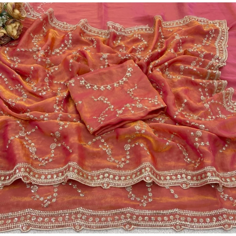 Women's Silk Embellished Saree With Unstitched Blouse 5.5Mtr (Orange) - Image 3