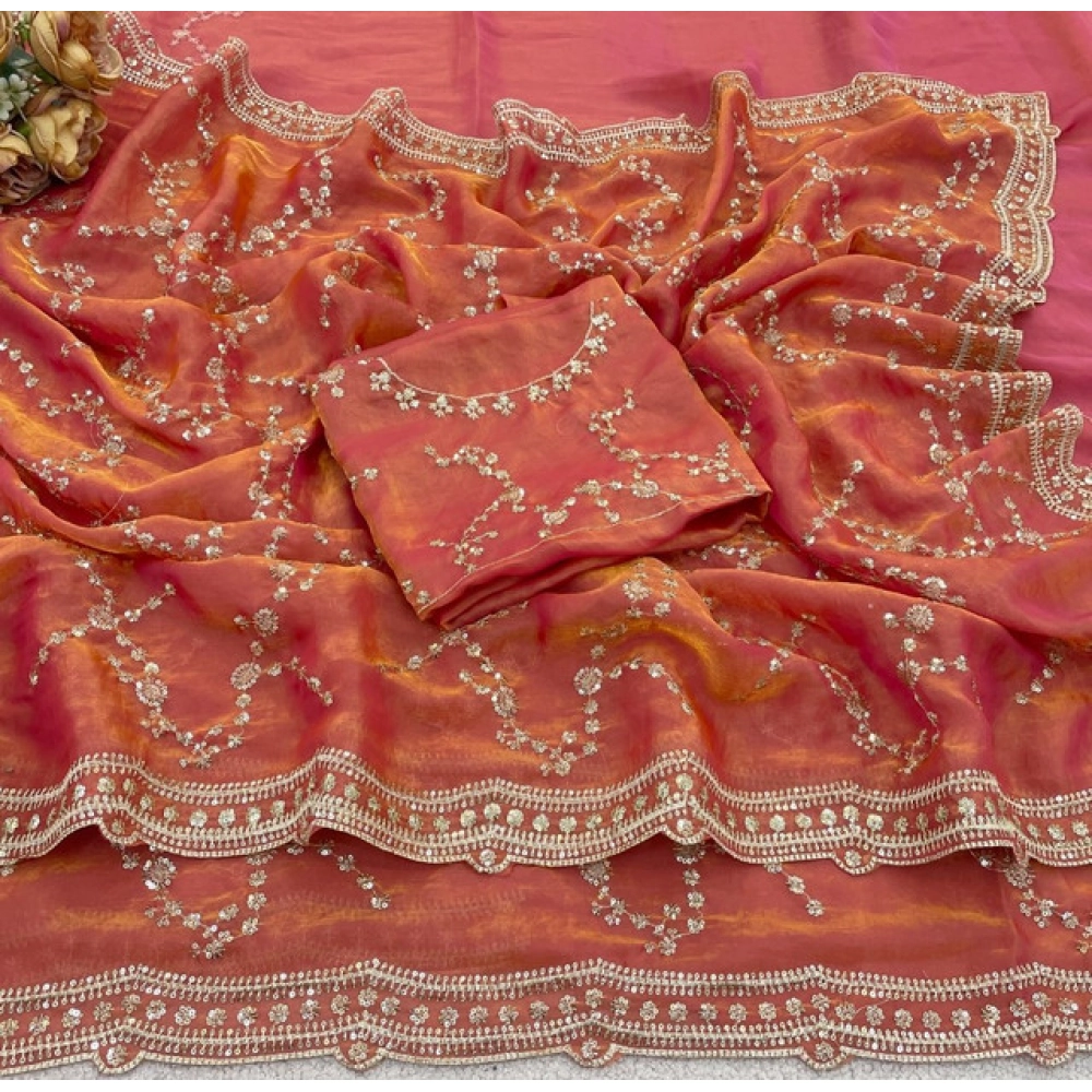 Women's Silk Embellished Saree With Unstitched Blouse 5.5Mtr (Orange) - Image 3