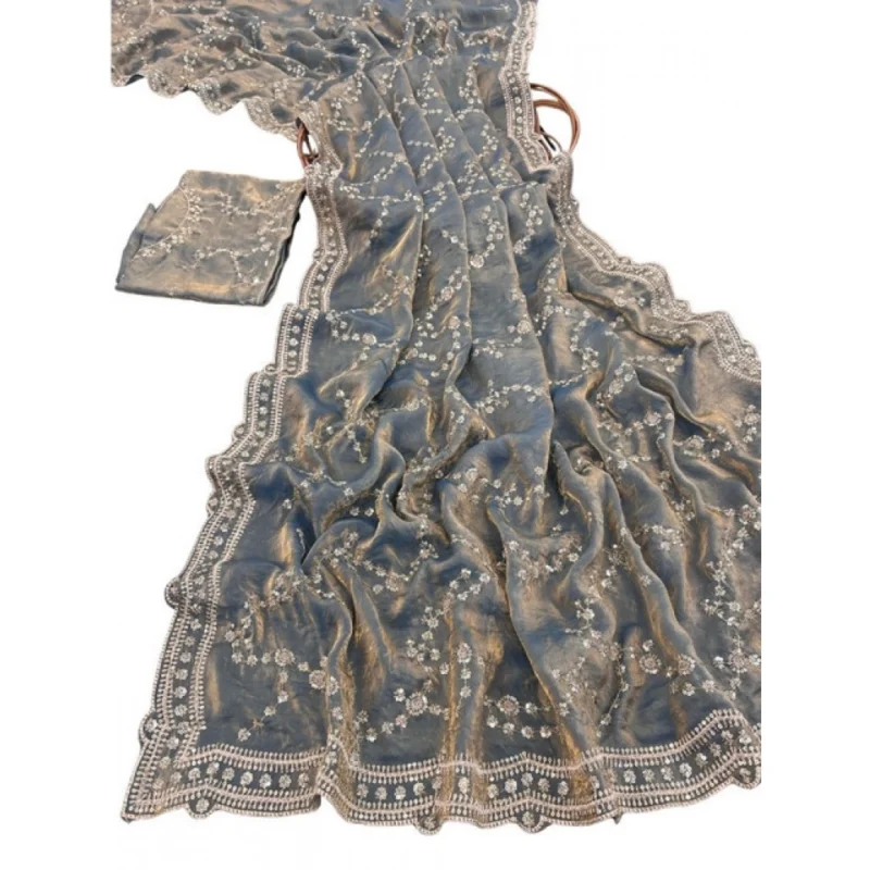 Women's Silk Embellished Saree With Unstitched Blouse 5.5Mtr (Grey) - Image 2