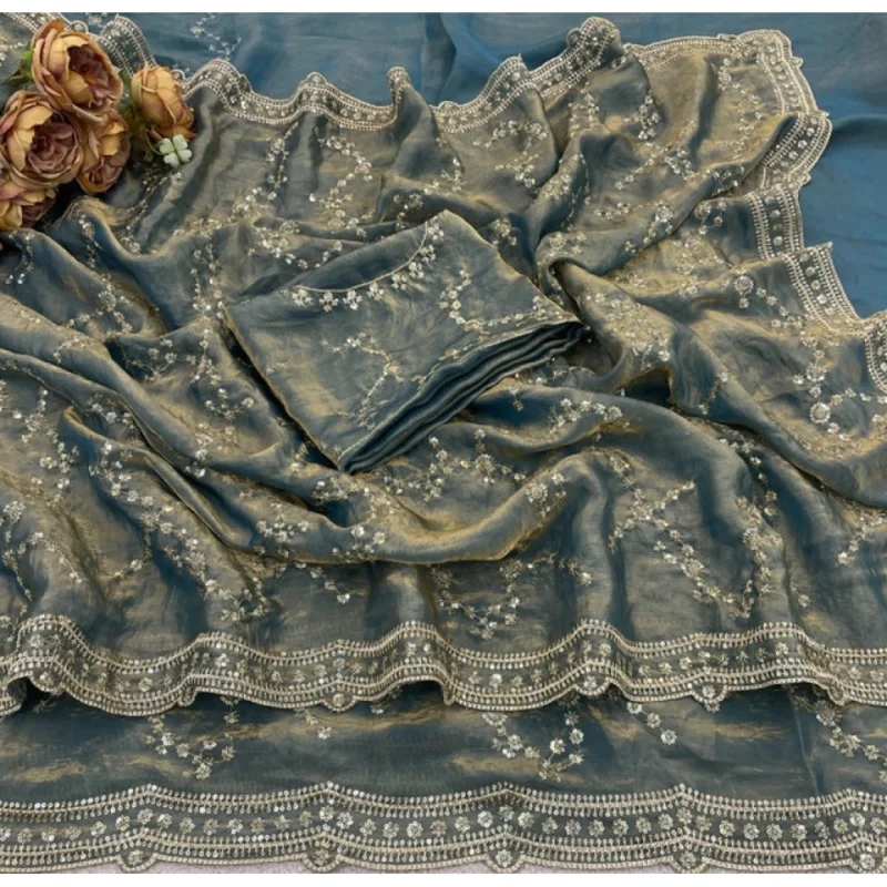 Women's Silk Embellished Saree With Unstitched Blouse 5.5Mtr (Grey) - Image 3