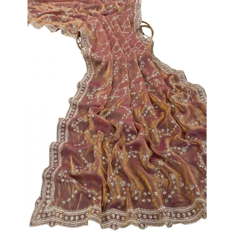 Women's Silk Embellished Saree With Unstitched Blouse 5.5Mtr (Peach) - Image 2
