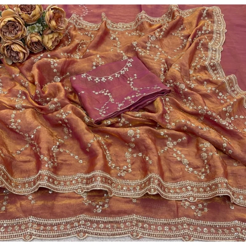 Women's Silk Embellished Saree With Unstitched Blouse 5.5Mtr (Peach) - Image 3