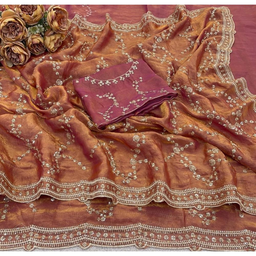 Women's Silk Embellished Saree With Unstitched Blouse 5.5Mtr (Peach) - Image 3