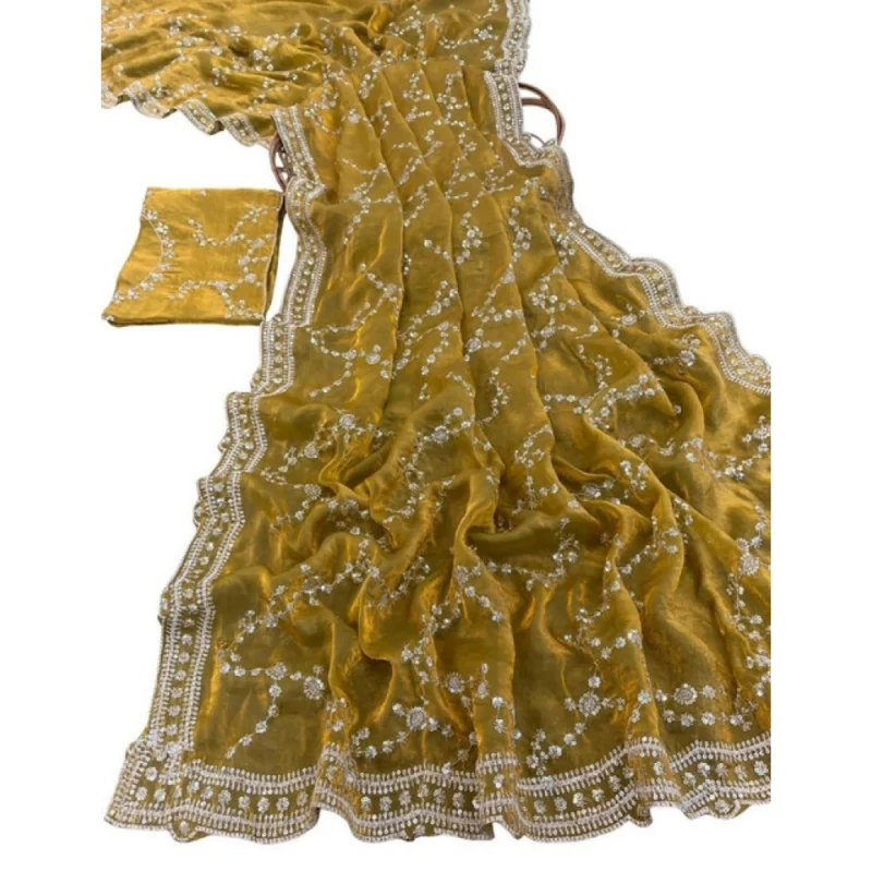 Alternative view of Women's Silk Embellished Saree With Unstitched Blouse 5.5Mtr (Mustard-Yellow)