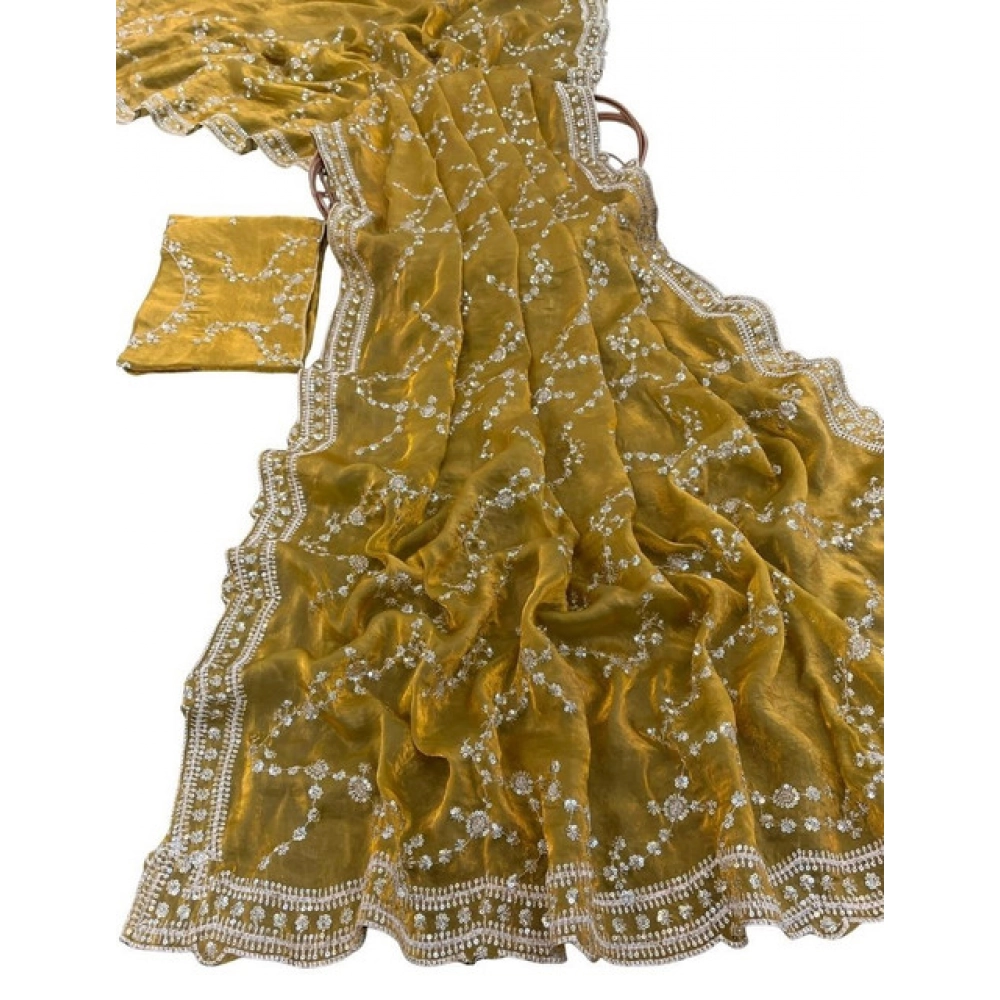Women's Silk Embellished Saree With Unstitched Blouse 5.5Mtr (Mustard-Yellow) - Image 2