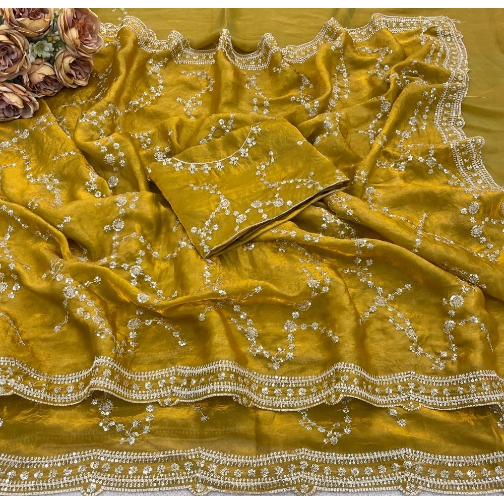 Women's Silk Embellished Saree With Unstitched Blouse 5.5Mtr (Mustard-Yellow) - Image 3