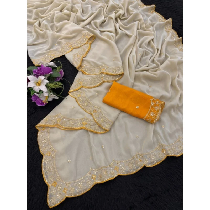 Women's Star Georgette Embellished Saree With Unstitched Blouse 5.5Mtr (Beige) - Image 3