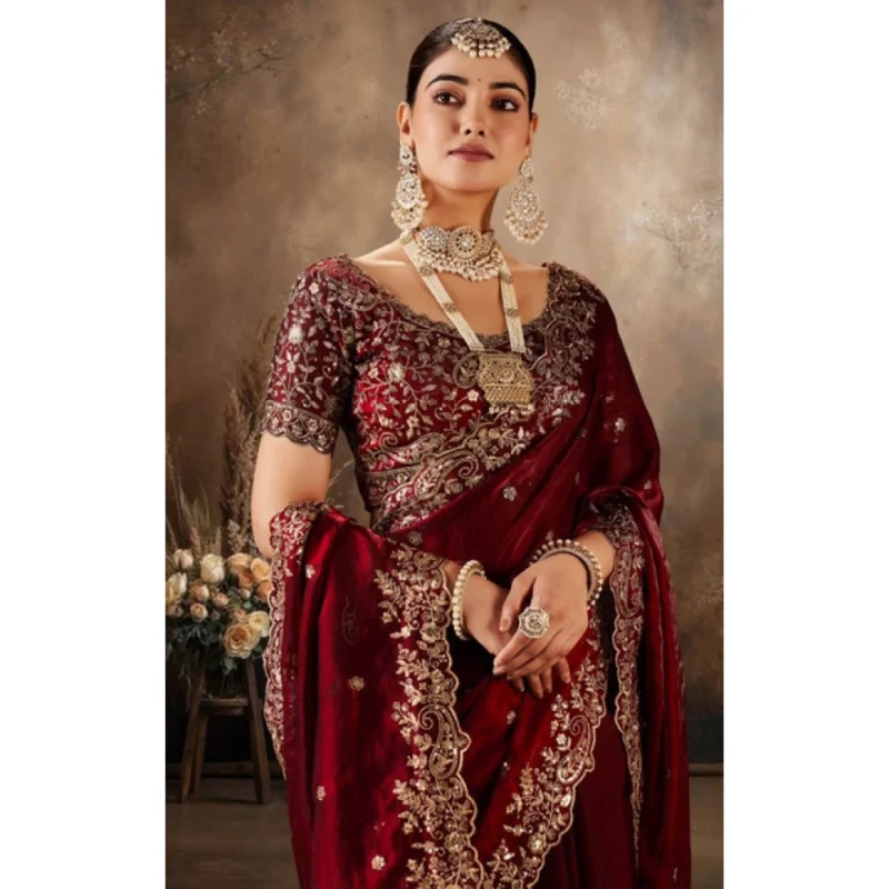 Women's Silk Embroidered Saree With Unstitched Blouse 5.5Mtr (Maroon)