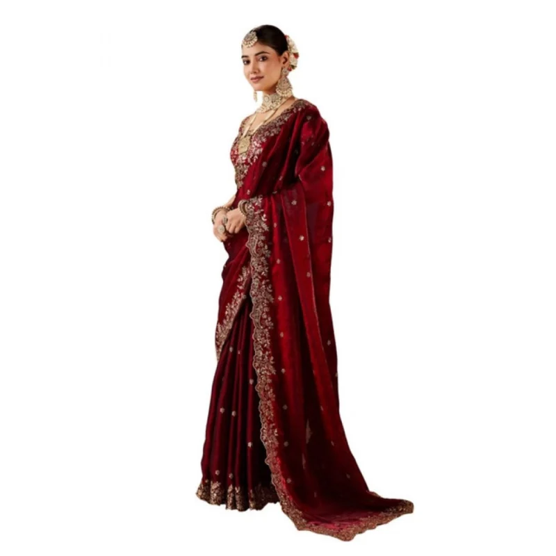 Alternative view of Women's Silk Embroidered Saree With Unstitched Blouse 5.5Mtr (Maroon)