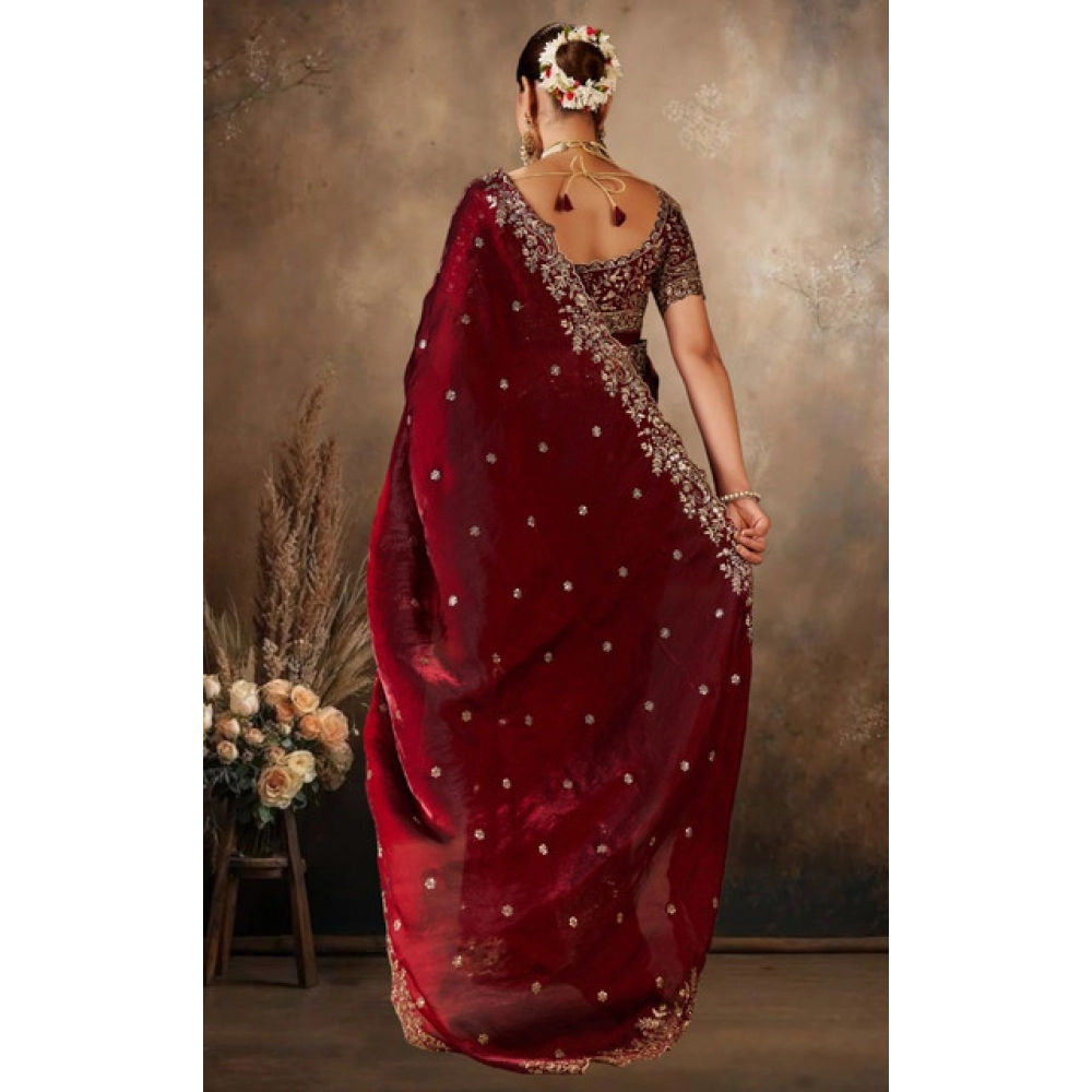 Women's Silk Embroidered Saree With Unstitched Blouse 5.5Mtr (Maroon) - Image 3
