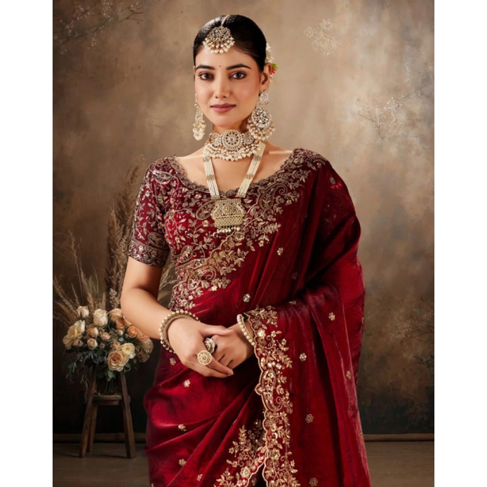 Women's Silk Embroidered Saree With Unstitched Blouse 5.5Mtr (Maroon) - Image 4